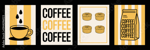 Coffee and muffins graphic design elements on yellow and white stripes
