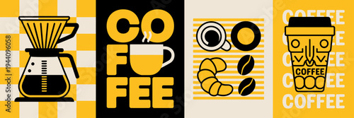 Yellow and black coffee icons and signs on various backgrounds  coffee related items