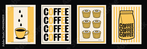Yellow coffee themed posters with muffins and drinks on black background