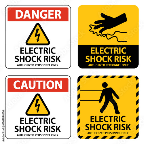Electric shock risk warning signs and labels for safety and authorized personnel only