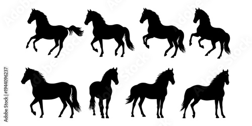 Horse silhouette set. Running and jumping horse vector collection. Black horse silhouette isolated on white background. Stallion and pony clipart bundle. Vector illustration.