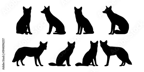Fox silhouette vector collection. Sitting and jumping fox. Animal silhouette vector set. Isolated black foxes on white background. Wild animal clipart set.