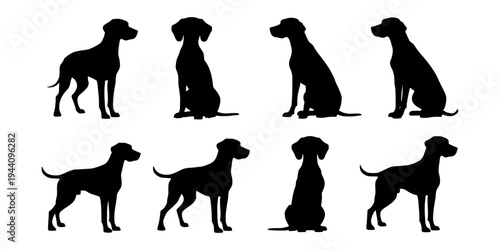 Dalmatian silhouette set. Black dog vector illustration. Dalmatian dog silhouette isolated on white background. Spotted dog clipart bundle.