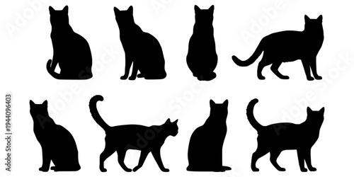 Black cat silhouette vector set. Black cat illustration. Domestic pet cat silhouette isolated vector on white background. Jumping and sitting cat clipart collection.