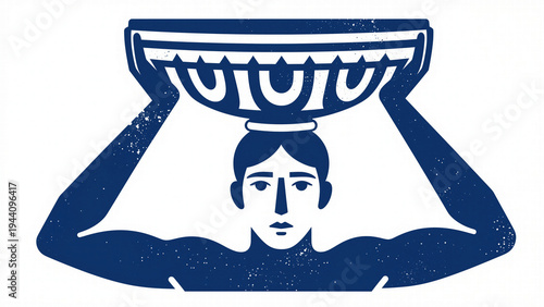 Artistic blue and white graphic illustration of a classical female caryatid supporting an ornamental basin inspired by ancient Greek architecture.
