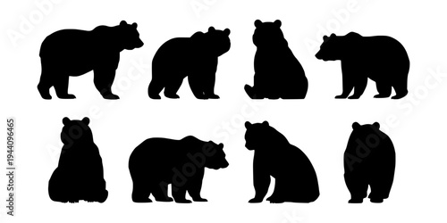 Black bear silhouette vector set collection. Grizzly bear silhouette illustration. Wild bear isolated vector on white background. Forest animal clipart bundle.