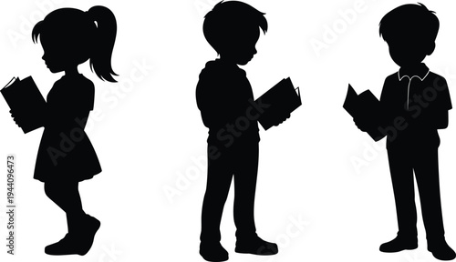 Silhouette set of children reading books standing, childhood education and learning concept, kids studying isolated vector illustration