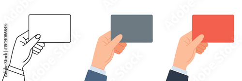 Hands holding blank white gray and red cards for business or presentation purposes