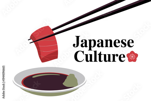 Sushi piece held by chopsticks with soy sauce and wasabi on plate Japanese Culture