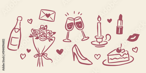 Romantic date set naive hand drawn vector illustration