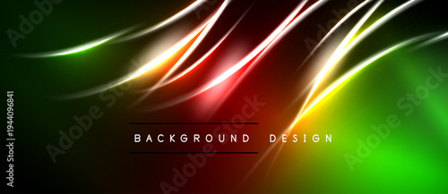 Abstract background features flowing lines, vibrant colors. Red, green, yellow hues create dynamic visual effect. Text reads background design.
