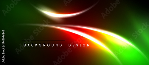 Abstract neon lines create vibrant background. Green, red, yellow hues blend, forming dynamic curves. Dark space emphasizes glowing elements.