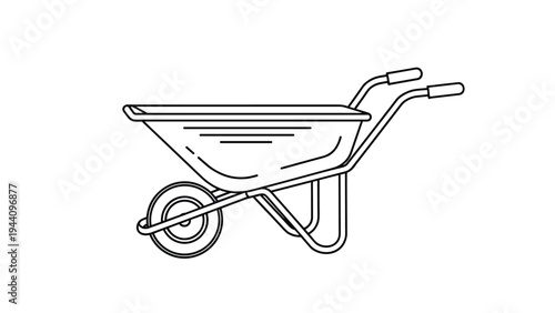 Simple and clean black and white line art illustration of a metal garden wheelbarrow with two handles and one wheel.