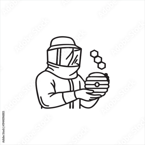  in protective suit holding beehive with honeycombs icon simple outline vector
