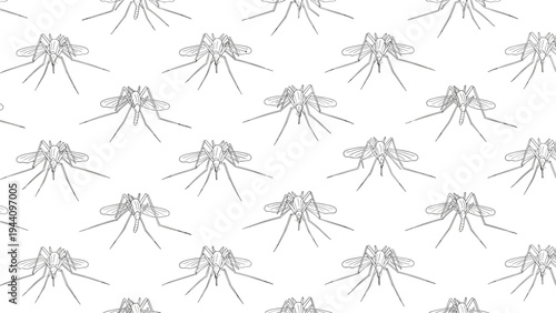 Seamless pattern featuring multiple detailed black and white sketches of mosquitoes against a clean white background for design.