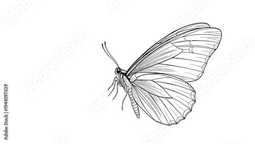 Detailed black and white hand drawn illustration of a single butterfly seen from the side view on a plain white background.