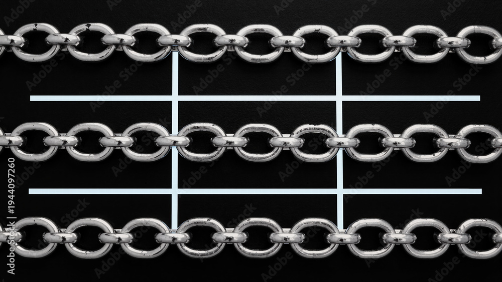 Fototapeta premium Industrial metal chain links arranged in horizontal rows over a white grid on black background suitable for security construction or hardware themes. 