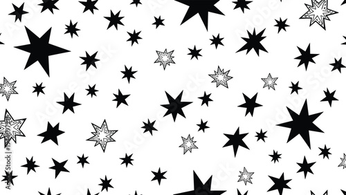 Simple pattern featuring various styles of hand drawn black and white stars scattered across a plain white background.