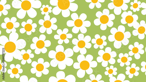 Vibrant seamless pattern featuring simple white daisy flowers with bright yellow centers on a refreshing green background.