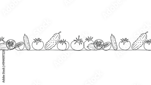 Horizontal arrangement of hand drawn cucumber and tomato sketches including whole vegetables and cross section slices.