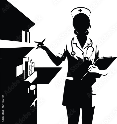 Black silhouette of a female nurse with medical equipment and airplane