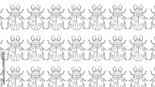 Repeating horizontal rows of detailed black and white ladybug sketches creating a natural pattern on a white background.