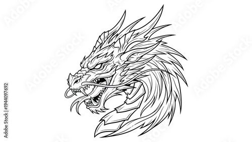 Mysterious black and white ink drawing of a fierce dragon head with intricate details Vector