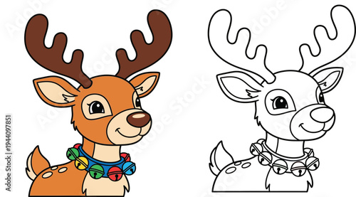 Cute Christmas reindeer cartoon illustration side by side with black and white coloring page line art featuring colorful jingle bells.