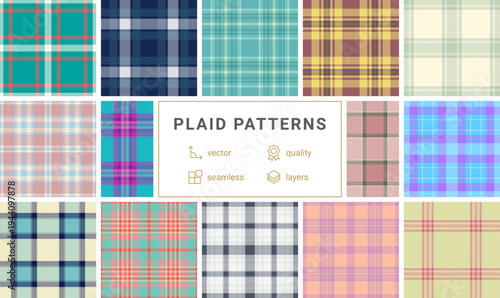 Heritage plaid pattern set for long term branding. Traditional tartan structure ensures consistency. Seamless vectors support growth.