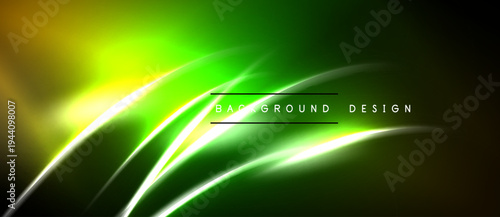 Abstract green background features flowing lines, vibrant colors. Design includes text background design centered within curves. Dark edges frame bright center.