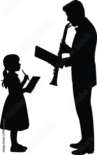 Silhouette of music teacher playing clarinet with little student writing notes, music education lesson concept, learning instrument isolated vector illustration