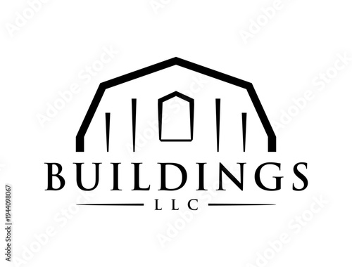Black and white logo featuring a stylized barn or building silhouette with an arched roof and central window, accompanied by the text 'BUILDINGS LLC' below it.