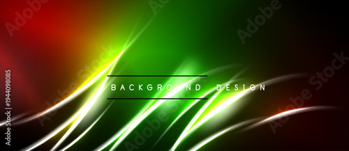 Abstract vibrant background. Smooth lines blend red, green, yellow hues. Modern design with glowing light effects. Dark borders frame composition.