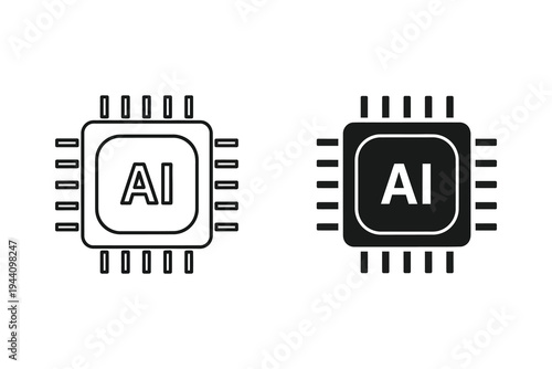 Artificial Intelligence Processor Chip Icons in Outline and Solid Style