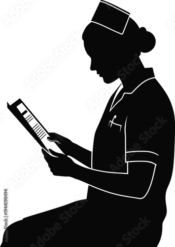 Black silhouette of a female nurse reading a book vector