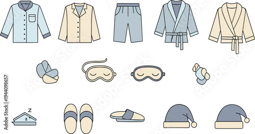 Sleepwear and Night Routine Clothing Vector Set Featuring Pajamas, Robe, Sleep Mask, Slippers, Nightcap and Comfortable Homewear Essentials.