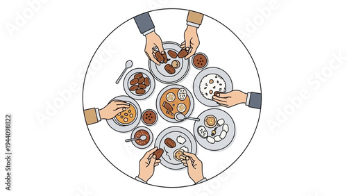 Hands holding plates with various foods.