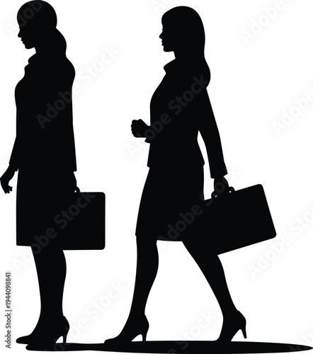 Silhouette of two businesswomen walking with briefcases, professional career women concept, corporate lifestyle and office work activity isolated vector illustration