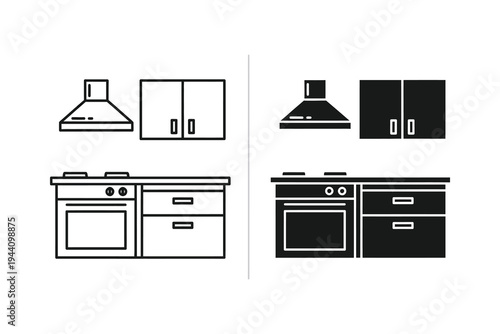 Modern Kitchen Appliances and Cabinets Icon Set - Home Interior Design Vector