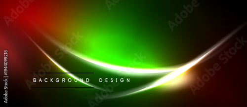Abstract vibrant design. Smooth curves blend red, green, yellow hues. Dark background emphasizes glowing lines, modern aesthetic.