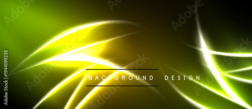 Abstract neon lines over dark green background. Bright yellow streaks create dynamic visual effect. Modern design element.