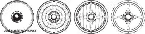 small medieval buckler shield black contour illustrations