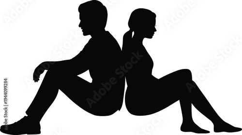 Silhouette of sad man and woman sitting back to back, relationship conflict and emotional distance concept, couple problem isolated vector illustration
