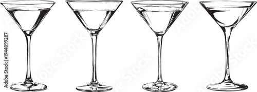 elegant black and white outline drawing of a classic cocktail glass, ready for modern bar menu branding