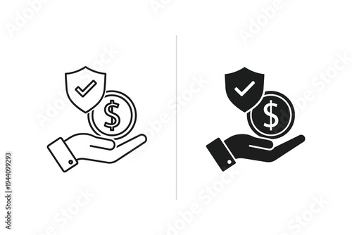 Financial Protection Icon: Hand Holding Dollar Coin with Secure Shield