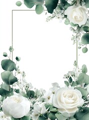 White roses and greenery frame an open rectangle, suitable for invites or announcements