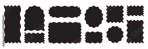 Set of frames with squiggly of wavy edges. Stamps with rectangle and circle shapes. Vector illustration.