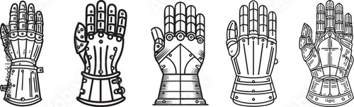medieval knight steel gauntlet glove black line art illustrations