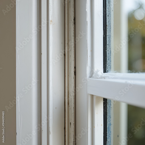 Vertical close-up of window frame caulking with smooth sealant bead and masking tape