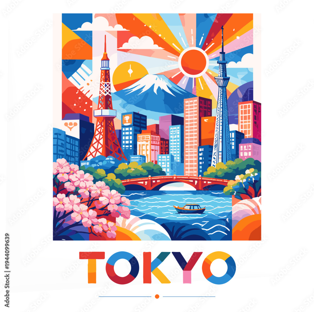 Fototapeta premium Tokyo Japan Colorful Skyline Travel Poster with Mount Fuji and Landmarks Flat Vector Illustration